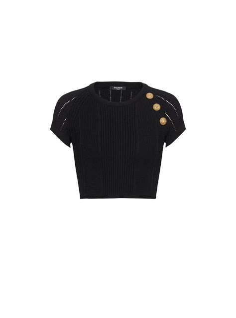 3-button fine knit top - Women | BALMAIN Balmain Top, Denim T Shirt, Pierre Balmain, Fine Knit, Airport Style, Knitwear Women, Luxury Outfits, Cropped Sweater, Flip Flop