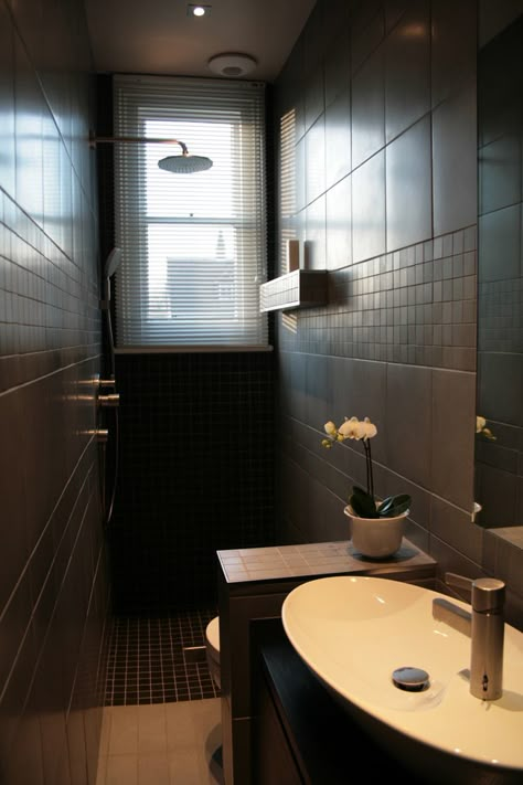 small spaces, bathroom wetroom_porcelain_tiles_rogue_designs_architecture_oxford Narrow Bathroom Layout, Small Narrow Bathroom, Long Narrow Bathroom, Small Bathroom Plans, Small Shower Room, Small Full Bathroom, Bathroom Design Small Modern, Small Bathroom With Shower, Small Bathroom Layout