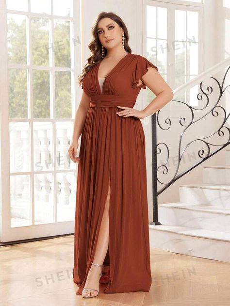 SHEIN Belle Silver Thread Fabric V-Neck Bridesmaid Dress With Full Swing Dress And Cinched Waist In Plus Size | SHEIN USA Dress For Chubby Ladies, Plus Size Elegant Dresses, Plus Size Bridesmaid, Bridesmaid Dresses Plus Size, Formal Dresses For Weddings, Rust Dress, Dress Satin, Chiffon Bridesmaid Dress, Chiffon Bridesmaid