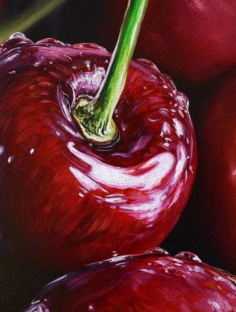 Art Realism Painting, Fruit To Paint, Cherry Reference, Realistic Painting Ideas, Cherry Painting, Hyperrealism Art, Fruits Painting, Fruit Paintings, Cherry Drawing