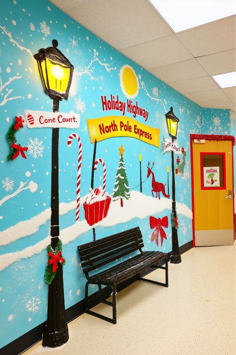 Want to take your Christmas classroom decor to the next level? Turn your hallway into a North Pole wonderland! Add street signs, snow-covered landscapes, and 3D elements to create an unforgettable experience. I can’t get enough of how magical it looks—this Christmas door decor idea is perfect for classrooms that want to wow everyone. Christmas Classroom Door Decor, Christmas Classroom Door Decorations, Classroom Door Decor Ideas, Christmas Door Decor Ideas, Christmas Classroom Decor, Decor Ideas For Classroom, Door Decorations Classroom Christmas, Classroom Door Decorations, Classroom Door Decor