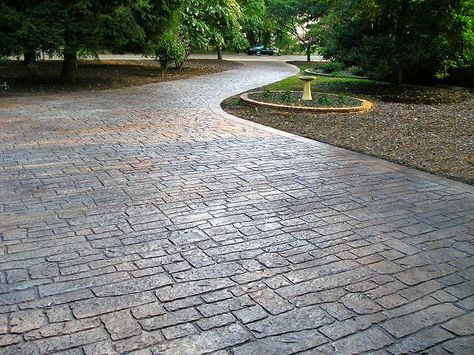 Stamped Concrete Random Cobblestone Driveway | by Ralph612 Stamped Concrete Patterns, Stamped Concrete Driveway, Cobblestone Driveway, Patio Layout, Concrete Patios, Brick Walkway, Concrete Walkway, Outdoor Walkway, Driveway Entrance