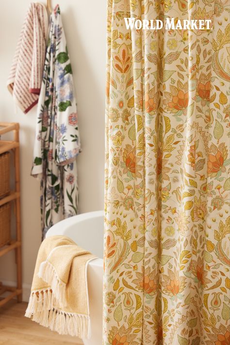 World Market Shower Curtain, Cotton Shower Curtain, Floral Shower Curtains, Bathroom Refresh, Beautiful Curtains, Shower Curtain Rings, Bathroom Essentials, World Market, Bath Decor