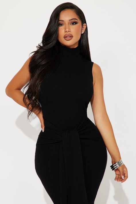 Available In Black And Marsala. Sweater Midi Dress Mock Neckline Sleeveless Tie Front Stretch Length= 45" 80% Rayon 20% Nylon Imported | Ayla Sleeveless Sweater Midi Dress in Black size 1X by Fashion Nova Cute All Black Outfits, All Black Outfit Casual, Black Graduation Dress, Sweater Midi Dress, Fashion Nova Outfits, Classy Casual Outfits, Black Long Sleeve Dress, Sweater Dress Midi, Mock Neckline