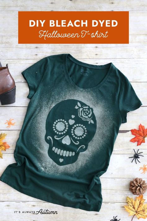 Diy Halloween T-shirts, Dollar Tree Bleach Shirt Halloween, Diy Halloween Sweatshirt Bleach, Halloween Bleach Shirts Diy, Bleach Tie Dye Halloween Shirts, Bleach Shirt Diy Ideas Stencils, Diy Halloween Tshirts, Bleach Halloween Shirt Diy, Bleach Dye Shirts Design