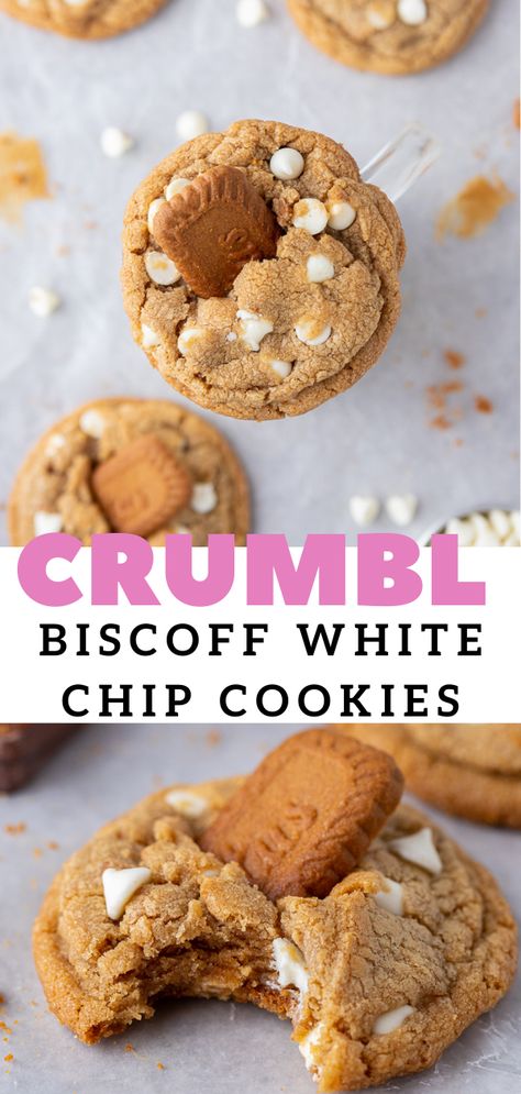 Crumbl Cookie Copycat Biscoff, Crumbl Cookie Butter Copycat, Crave Cookie Copycat, Last Crumb Cookies Copycat, Crumbl Biscoff Cookie Recipe, Firehouse Desserts, Biscoff Baking, Chip Cookies Copycat, White Chip Cookies