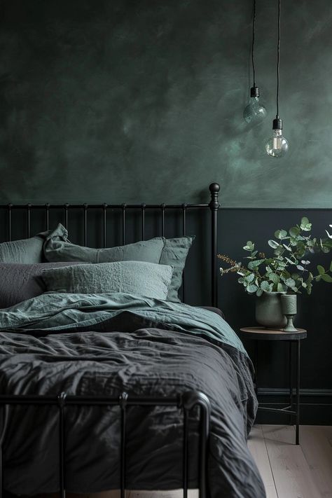 25 Inspiring Black Metal Bed Frame Bedroom Ideas - Roomy Retreat Sage And Black Bedroom, Black Metal Bed Frame Bedroom, Metal Bed Frame Bedroom, Metal Bed Frame Bedroom Ideas, Dark Modern Bedroom, House Paints, Black Metal Bed Frame, Bed Frame Sets, Simple Bed Frame