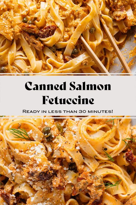 Creamy Canned Salmon Pasta Canned Salmon Pasta, Tinned Salmon Recipes, Kitchen Sanctuary, Canned Salmon Recipes, Tagliatelle Pasta, Comfort Food Chicken, Canned Salmon, Healthy Lunch Snacks, Fettuccine Pasta