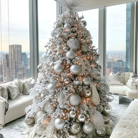 White and silver Christmas trees are perfect for festive glam. Ribbons and ornaments add a sparkling, luxurious holiday touch. Silver Christmas Trees, White And Silver Christmas, Silver Christmas Tree, A Very Merry Christmas, Silver Ornaments, Silver Tree, Silver Christmas, Christmas Tree Decor, Very Merry Christmas