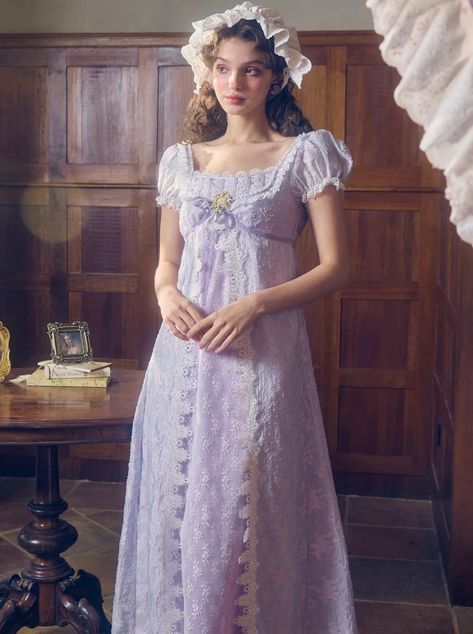 Puff Sleeve Princess Long Purple Dress – Belchic Long Purple Dress, Purple Long Dress, Regency Gown, Regency Era Fashion, Lavender Aesthetic, Regency Dress, Aesthetic Dress, White Gowns, Lilac Dress