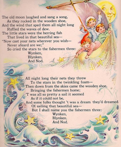 winking, bkinken and nod | Wynken Blynken and Nod (page 2) | Flickr - Photo Sharing! Winkin Blinkin And Nod Poem, Wynken Blynken And Nod, Nursery Rhymes Poems, Old Nursery Rhymes, Childrens Poems, Childrens Poetry, Kids Poems, Vintage Nursery, Mother Goose