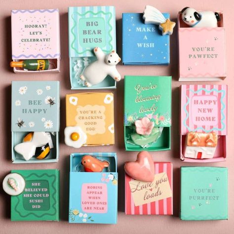 Whether you're looking for a sweet little gift or a special something to remind someone of how great they are, these ceramic tokens are the perfect choice. These tiny colorful matchboxes feature an even tinier ceramic token inside, glazed and glossy and ready to sit on a shelf or in someone's pocket. The top of the box features a different sweet saying for each design! Designed and sourced by a women-owned company based in the UK. Tiny Matchbox Ceramic Token - Flower Made of ceramic Imported Packaging Diy, Best Gift Cards, Diy Workshop, Ready To Pop, Online Gift Shop, Jewelry Candles, Sweet Quotes, Baby Christening, Customizable Gifts