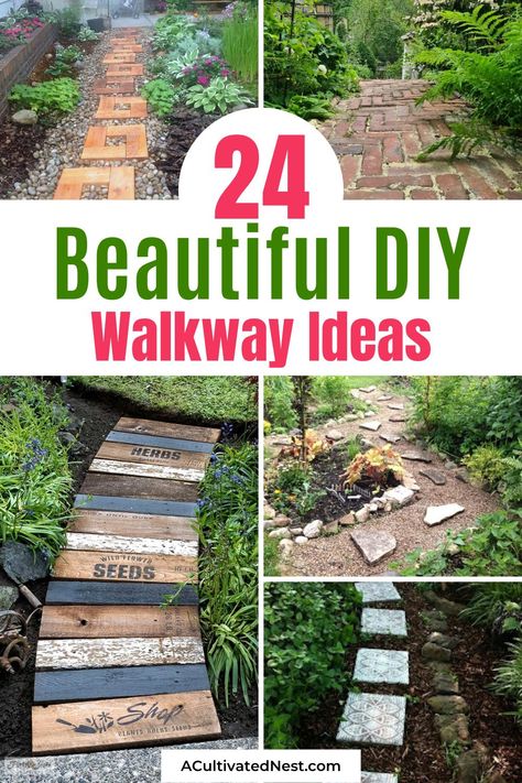 24 Beautiful DIY Walkways Ideas- If you want to add some functional beauty to your yard, then you'll love these gorgeous DIY walkway ideas. There are so many easy ways to make your own DIY pathways! | #yardDecor #DIY #diyProjects #backyardDIYs #ACultivatedNest Easy Garden Walkway Pathways, Small Walk Way Ideas, Path To Shed Walkways, Easy Diy Walkways To Front Door, Walkway Through Flower Bed, Walkway Between Houses, Front Yard Stepping Stones Walkways, Narrow Walkway Ideas, Cheap Sidewalk Ideas