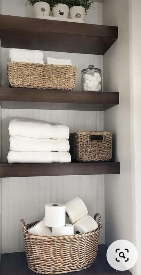 Washroom Open Shelves, Linen Closet Shelving Ideas, Open Linen Closet In Bathroom, Restroom Remodel, Bathroom Linen Closet, Bathroom Closet Organization, Shelves Decor, Open Bathroom, Bathroom Shelf Decor