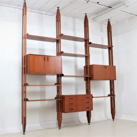 Listed on VNTG.com: Mid century teak modular bookcase / wall unit, 1960s | #vntg #vintage Diy Mid Century Wall Shelves, Mid Century Wall Shelves, Mid Century Bookshelf, Mid Century Wall Unit, Modular Furniture Design, Modular Bookcase, Mid Century Bookcase, Diy Mid Century, Bookcase Wall Unit