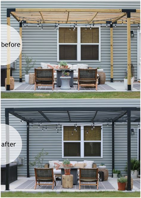 We Stained Our Pergola- Here's How We Did It Stump Table Outdoor, Patio Playground, Black Pergola, Weathered Furniture, Building A Pergola, Modern Pergola, Patio Pergola, Patio Garden Design, Beautiful Patios