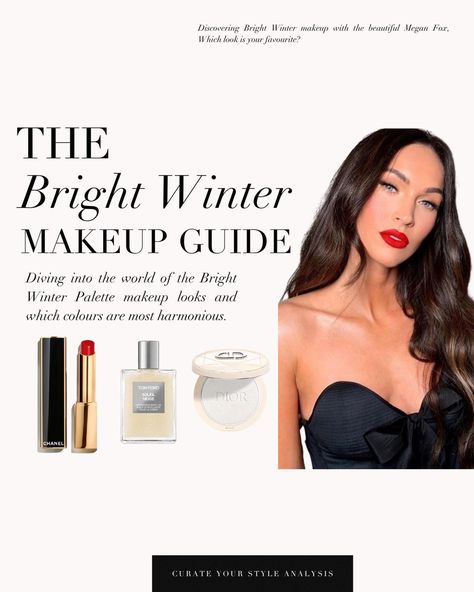 The Bright Winter makeup guide 🖤 . #coloranalysis #colouranalysis #brightwinter #meganfox #brightwintercolors #brightwinterinspiration #coloranalyst Bright Winter Makeup Palette, Bright Winter Lipstick Colors, Bright Winter Makeup Looks, Bright Winter Makeup, Bright Winter Color Palette, Winter Lipstick Colors, Bright Winter Outfits, Winter Skin Tone, Winter Lipstick