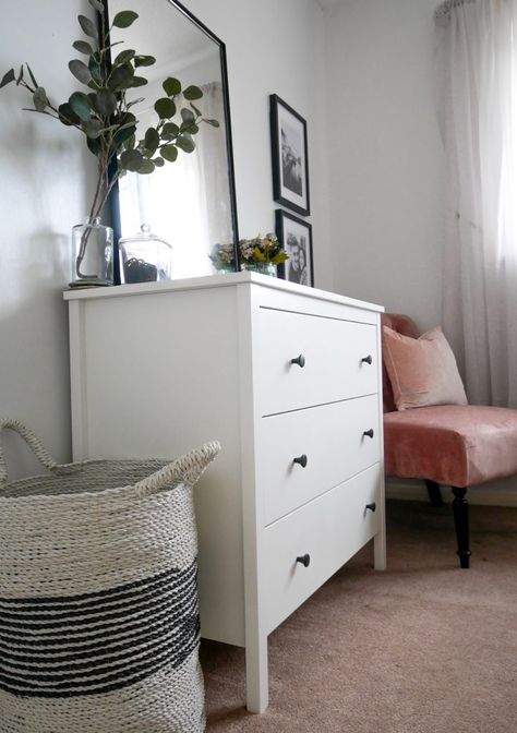 Koppang Chest Of Drawers, White Chest Of Drawers Decor, Ikea Drawers Bedroom, Bedroom Chest Of Drawers Styling, Ikea White Drawers, White Chest Of Drawers Bedroom, Built In Cupboards Bedroom, Ikea Hemnes Chest Of Drawers, Chest Of Drawers Decor