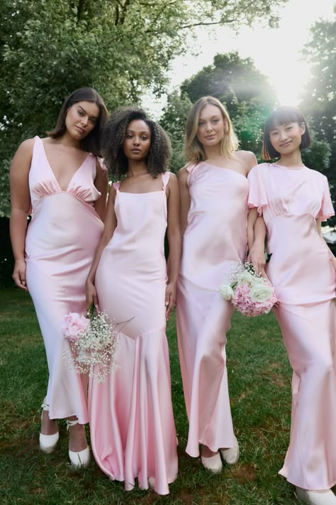 Caitlin Crisp Bridal Candy Pink Wedding Color Schemes, Pink Winter Bridesmaid Dresses, Bridgerton Wedding Bridesmaid Dresses, Bridesmaids Satin Dresses, Pink Pastel Bridesmaid Dresses, Pink Tulle Bridesmaid Dress, Reformation Bridesmaid Dresses, Ballet Pink Bridesmaid Dresses, Bridesmaids Pink Dresses