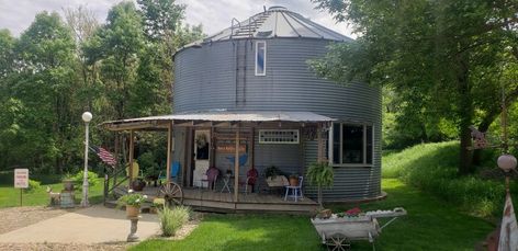 Located in LeMars, Iowa, this 30-foot-diameter bin is much more than meets the eye from the outside and has undergone several transformations. Le Mars Iowa, Room Darkening Shades, Iowa Travel, Open Loft, No Children, More Than Meets The Eye, House Beds, Reclaimed Barn Wood, Farm Yard