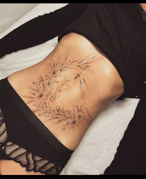 Feminine Stomach Tattoos For Women, Tattoo Cover Scar Belly, Stomach Tattoo Flowers, Women Stomach Tattoos Cover Up, Ab Tattoos For Women, Tummy Tattoos For Women, Flower Stomach Tattoos, Cute Belly Tattoos, Feminine Stomach Tattoos