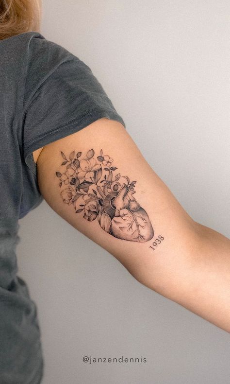 Heart And Hands Tattoo, Heart Blooming Flowers Tattoo, Fineline Anatomical Heart Tattoo, Heart With Plants Tattoo, Flowers In Heart Tattoo, Lover Tattoos Taylor Swift, Heart Anatomical Tattoo, Heart Organ Tattoo Flowers, Tattoos For Mom From Daughter