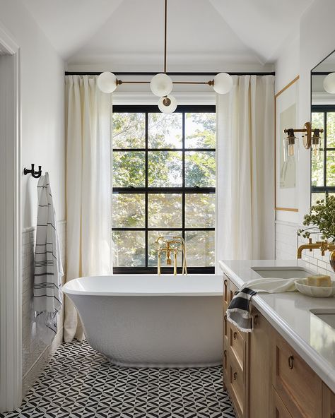 Monday Money Shot 🖤🍃 Project | #2bprojectallenby Styling | @chanlonprops Photo | @niamhbarryphoto #bathroomgoals #primaryensuite #blackandwhitehome #ensuiteinspo #ensuitedesign #bathtub #beautifulview Bathtub By The Window, Free Standing Tub In Front Of Window, Black Window Bathroom, Bath In Window, Bath Infront Of Windows, Bath In Front Of Window, Bathtub In Front Of Window, Window Over Bathtub, Bathtub Under Window