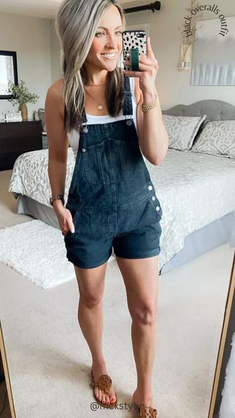 Black Overalls Outfit for Summer! Overall Shorts for Women. Black Overalls Outfit Summer, Black Short Overalls Outfit, Shorts Overalls Outfit, Short Overalls Outfit, Overalls Outfit Short, Black Overalls Outfit, Overalls Outfit Summer, Black Short Overalls, Overall Shorts Outfit