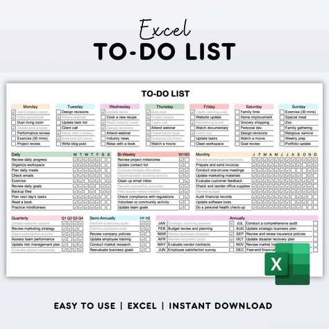 Boost your productivity with this versatile To-Do List & Task Tracker, designed for Microsoft Excel and Microsoft 365. Organize your daily, weekly, monthly, and long-term tasks in one easy-to-use template. Whether you're managing household chores or business projects, this tracker helps you stay on top of every task. Download now and simplify your task management! 📝 READY TO USE -- The todo list comes in a simple layout and with intuitive features for you to plan and organize your days, weeks, Microsoft Lists Ideas, Excel Worksheet, Month To Do List, Business Productivity, Task Board For Work, Excel Design Ideas, Excel Planner, Project List Template, Microsoft Planner