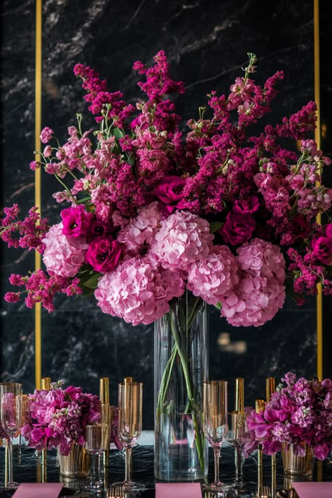 Berry Bold Tall Wedding Table Centerpiece Pink Purple Wedding Flowers Centerpiece Ideas, Pink Ginger Flower Arrangements, Fushia Table Setting, Magenta Wedding Flowers Centerpieces, Fuchsia And Green Wedding, Hot Pink Centerpieces Wedding, Hot Pink Floral Centerpieces, Deep Pink Color, Magenta Tablescape