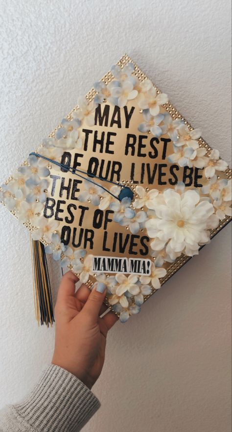 Graduation Cap Designs College Logo, Grad Cap Ideas Mamma Mia, Hannah Montana Grad Cap, College Grad Cap Ideas Disney, Zach Bryan Grad Cap, Mama Mia Graduation Cap, Senior Grad Cap Ideas, Mamma Mia Graduation Cap, Grad Caps Decorated