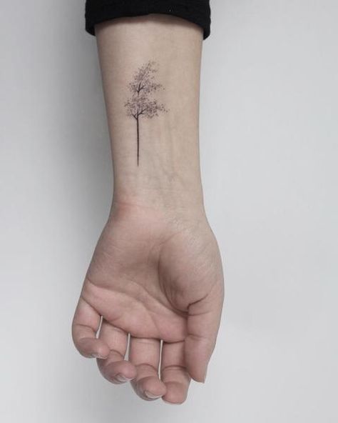 Hand poked windy tree tattoo by Lara M.J. Tiny Tree Tattoo, Simple Tree Tattoo, Tree Tattoo Forearm, Shape Tattoo, Handpoke Tattoo, Stick N Poke Tattoo, Hand Poked Tattoo, Botanical Tattoo, Poke Tattoo