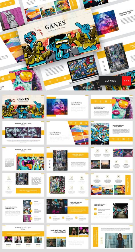 Graffiti PowerPoint Template. 36 unique slides Street Art Magazine, Digital Presentation, Color Wheel Art, Brochure Design Layout, Presentation Deck, Presentation Design Layout, Proposal Design, Powerpoint Design Templates, Presentation Layout