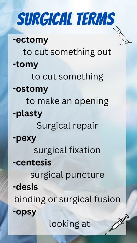 Medical Terms for Surgery   | Medical Suffix  | Surgical Terms Operating Room Assistant, Surgical Terms Medical Terminology, Surgery Nursing Cheat Sheets, Surgical Tech Hairstyles, Dermatology Medical Terms, Medical Terms Nursing, Surgical Technician Study, Surgical Terminology, Surgical Tech Study Notes