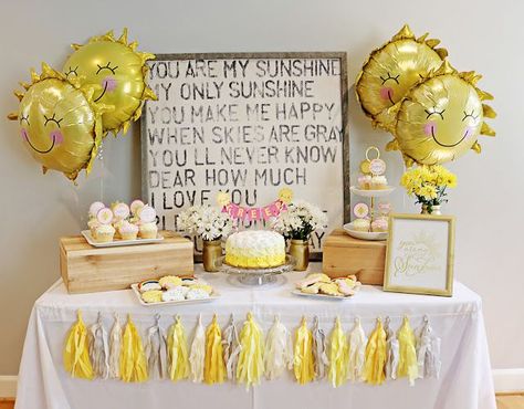 You Are My Sunshine 1st First Birthday Party Theme - Decor - Decoration - Cake Table - Dessert Sunshine Birthday Theme, Sunshine 1st Birthday, Sunshine First Birthday, Buffet Dessert, Sunshine Birthday Parties, Sunshine Baby Showers, Decorating Party, Sunshine Birthday, 1st Birthday Themes