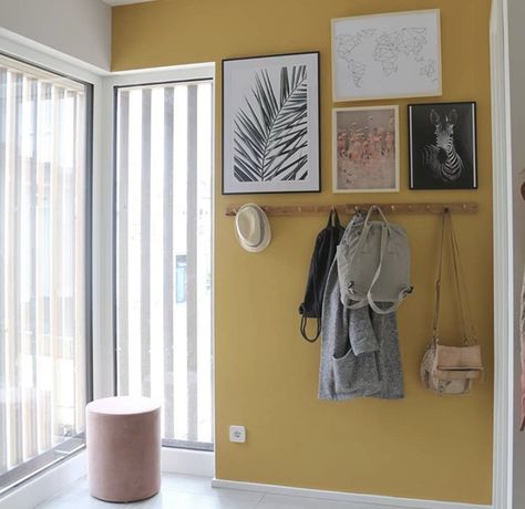 Grey Stone Wall Texture, Yellow Hallway, Brick Wall Bedroom, Grey Stone Wall, Yellow Accent Walls, Accent Wall In Kitchen, Mustard Walls, Accent Wall Colors, Yellow Living Room