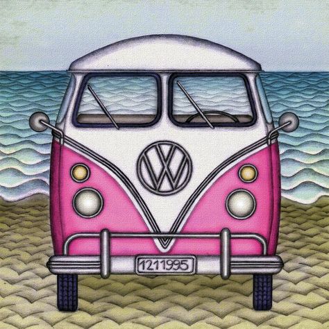 "Pink VW" Diamond Painting Kit starting at just $16.99. Available in Full Drill with your choice of Square or Round diamonds. Exclusively at Paint With Diamonds. Combi Hippie, Van Drawing, Vans California, Vw Art, Hand Painted Stones, Vw Van, Vw Beetle, Disney Fan Art, Vw Bus