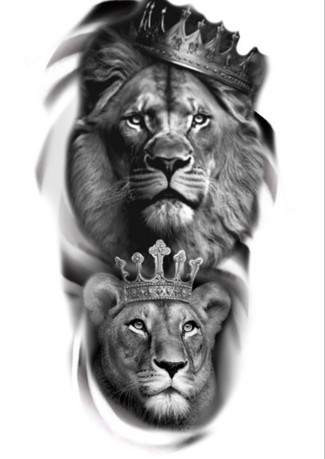 King And Queen Lion Tattoo, Lion Protecting His Queen Tattoo, Lion King And Queen Tattoo, Lion And Lioness Tattoo Design, Lioness Queen Tattoo, Male Lion Tattoo For Women, Male And Female Lion Tattoo, Lion Lioness Tattoo Couple, Immanuel Tattoo