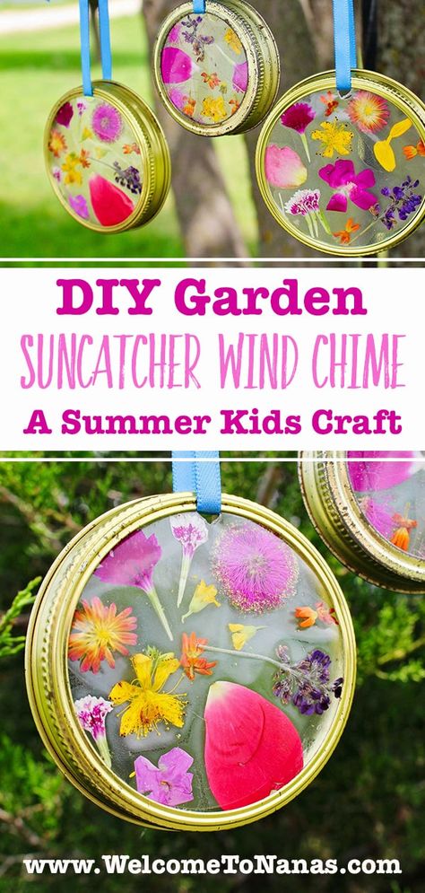 Use flower blooms to make a DIY Garden Suncatcher Wind Chime. An easy summer kids craft on contact paper framed in Mason jar lid rings! #WelcometoNanas #WindChime #DIYSunCatcher #FlowerCraft Flower Wind Chimes, Camping Craft Ideas For Kids, Easy Outdoor Crafts For Kids, Kids Garden Projects, Spring Crafts For Preschoolers Easy, End Of Summer Kids Crafts, Children’s Easy Crafts, Dandelion Crafts For Kids, Paper Garden Craft