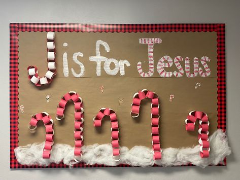 J is for Jesus, candy cane, church, christmas Jesus Candy Cane, Candy Cane Bulletin Board, Candy Cane Bulletin Board Ideas, Christmas Sunday School Bulletin Boards, Fall Sunday School Bulletin Boards, Jesus Bulletin Boards, Kids Church Christmas, Preschool Door Decorations, Kids Church Decor