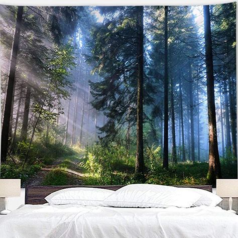 Landscape Tapestry, Tree Tapestry, Tapestry Nature, Forest Tapestry, Large Tapestries, Living Room Dorm, Mens Bedroom, Wood Room, Misty Forest