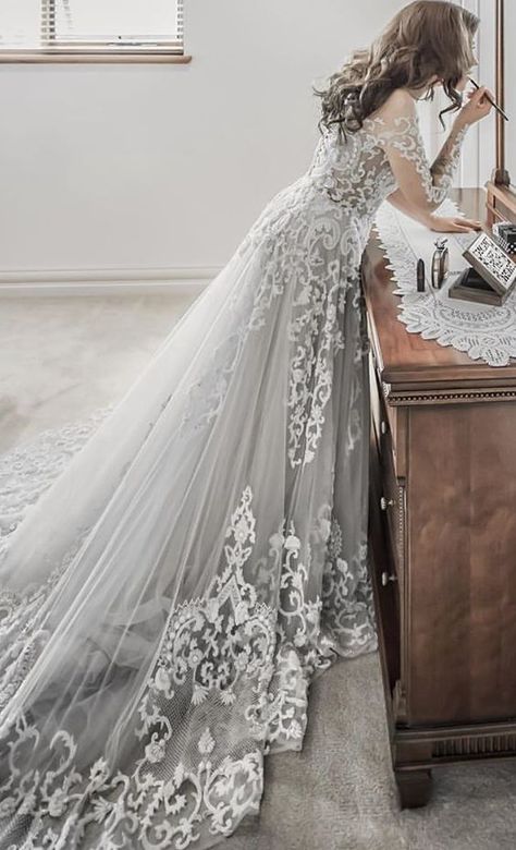 Embroidered Long-Sleeve Grey Undertone Wedding Dress Silver Wedding Dress, Grey Wedding Dress, Paolo Sebastian, Pnina Tornai, A Wedding Dress, Gray Weddings, Mod Wedding, Beauty Dress, Vestidos Vintage