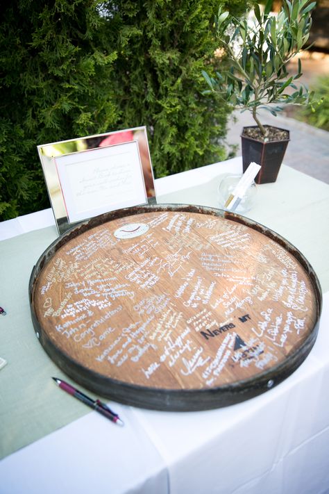 The pair had a reclaimed wine barrel converted into a lazy Susan upon which friends and family wrote their well wishes and advice. Wine Barrel Guest Book, Whiskey Wedding, Guest Book Ideas, Dessert Bar Wedding, Quotes Messages, Well Wishes, Mom Wedding, Wedding Planning Advice, Wine Barrel