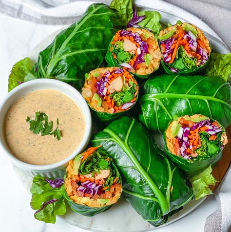 Vegan Buffalo Chicken, Ripe Jackfruit, Veggie Rolls, Healthy Wraps, Plant Based Cookbook, Veggie Wraps, Collard Greens, Meatless Meals, Fresh Veggies