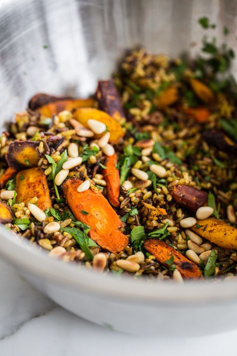 Brown Rice Salad, Lemon Thyme, Rice Salad, Think Food, Roasted Carrots, My Darling, Pine Nuts, Healthy Salads, Brown Rice