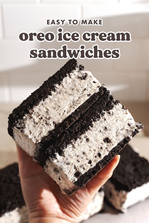 These homemade oreo ice cream sandwiches are easy to make and perfect to cool down with in the warmer months. They're made with a two ingredient oreo crust with a creamy no-churn oreo ice cream filling. #oreo #icecream #icecreamsandwich | teakandthyme.com Summer Party Food Ideas, Homemade Oreo Ice Cream, Summer Party Food, Oreo Ice Cream Sandwich, Ice Cream Sandwich Recipe, I Lost 100 Pounds, Homemade Ice Cream Sandwiches, Ice Cream Sandwiches Recipe, Summer Food Party