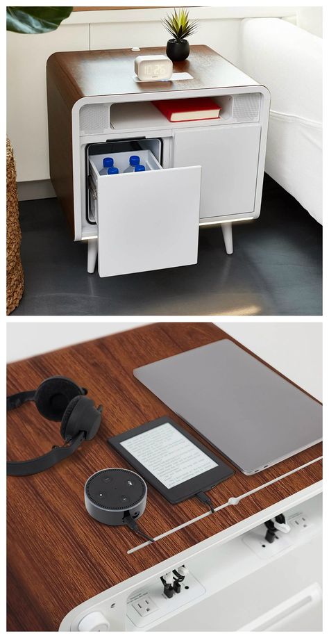 he Sobro Smart Side Table is an ultimate next generation end table & nightstand that multi-tasks to support your connected lifestyle. Has a wireless charging pad, quiet cooling drawer, Bluetooth speakers, App Control w/AI, LED lights, and smart sleep features. Works with Alexa & Google Home. Sobro is furniture designed to help you live better. #affiliatelink Smart Furniture Technology, Bed Side Table Styling, Room Cool Ideas, Bedroom Side Table Ideas, Modern Side Table Design, Wooden Bed Side Table, Bed Side Table Design, Retro Side Table, Side Table Styling