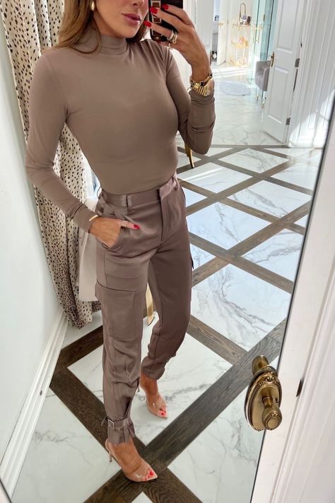 Company Holiday Party Outfit, Satin Pants Outfit, Paris Fall Fashion, Emily Ann Gemma, Satin Cargo Pants, Best Joggers, Emily Ann, Semi Formal Outfits, Mock Neck Bodysuit