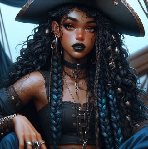 Pirate Story Inspiration, Women’s Pirate Makeup, Fantasy Black Hairstyles, Female Usopp, Pirate Hairstyles For Women, Pirate Makeup Women, Pirate Hairstyles, Pirate Attire, House Velaryon