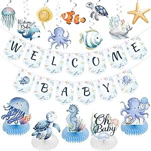 Under The Sea Baby Shower Ideas, Honeycomb Centerpiece, Welcome Baby Banner, Sea Baby Shower, Baby Shower Supplies, Baby Banners, Welcome Banner, Shower Supplies, Baby Shower Centerpieces